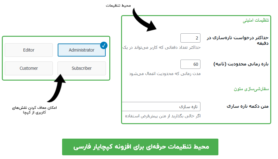 افزونه کپچای فارسی (کپچایار) محافظ فرمهای وردپرس 5 محیط تنظیمات حرفهای برای افزونه کپچایار فارسی