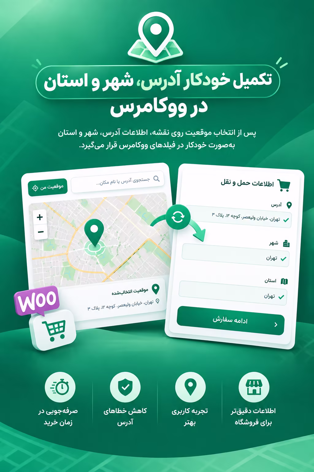 تکمیل خودکار آدرس، شهر و استان ووکامرس